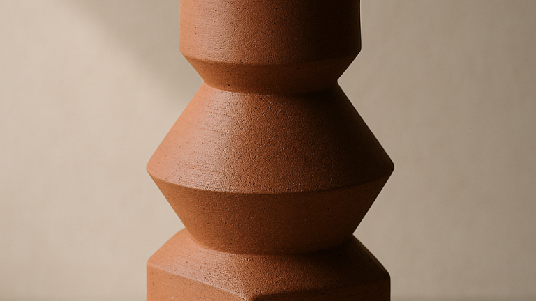 Applying modern geometric shapes to the traditional red ceramic vase design of Vinh Long.